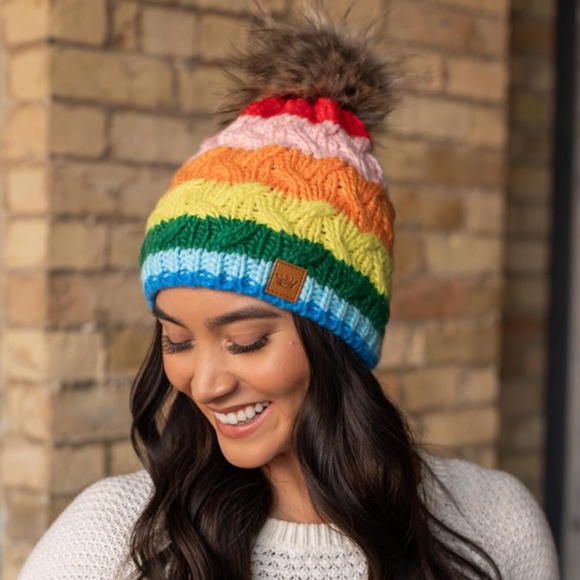 Accessories - SOLD OUT Rainbow Cable Knit Fleece Lined Faux Fur Pompom Beanie Women's Winter